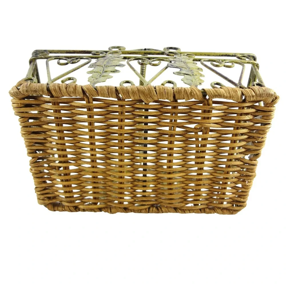 Vintage Style Green Metal Wire Basket‎ with Woven Wicker Base Leaf Scroll